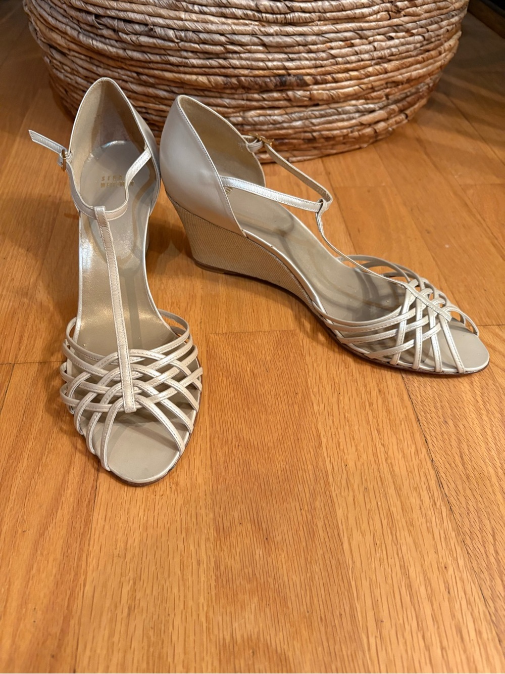Stuart Weitzman Vintage T-Strap Wedge Sandals Metallic Champagne - Size 11.5M